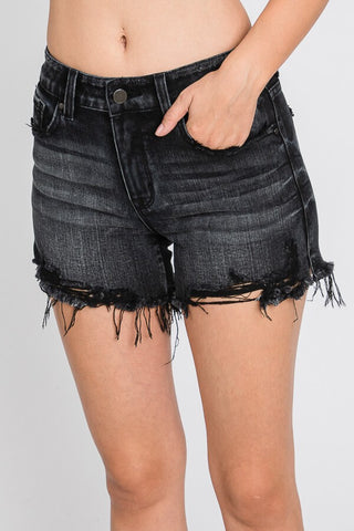 Black High Rise Stretch Shorts w/ Frayed Hem image 0