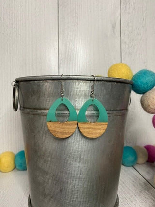 Resin and Wood Teardrop Earrings - Teal image