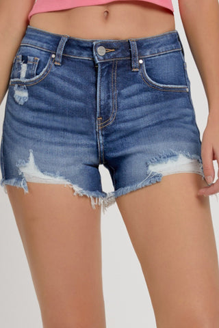 Risen Dark Wash Mid-Rise Bottom Hem Distressed Shorts image 0