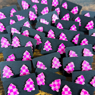 Pink Checkered Tree Studs image 0