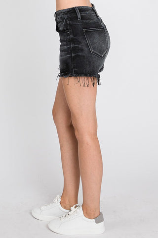 Black High Rise Stretch Shorts w/ Frayed Hem image 2