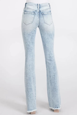 Distressed Mid Rise Stretch Flare with Frayed Hem image 1