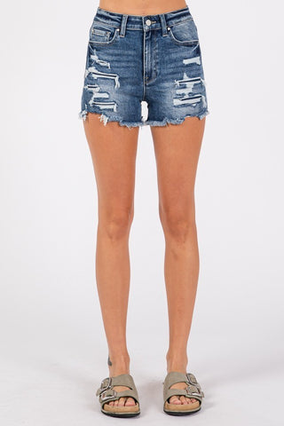Destiny High Rise Stretch Patched Shorts w/ Frayed Hem image 3