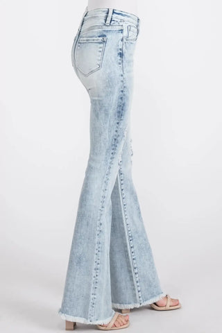 Distressed Mid Rise Stretch Flare with Frayed Hem image 2