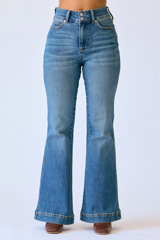Judy Blue High Rise Medium Wash Tummy Control Flare Jeans with Double Button Waistband