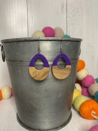 Resin and Wood Teardrop Earrings - Purple image