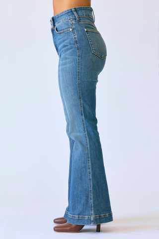 Judy Blue High Rise Medium Wash Tummy Control Flare Jeans with Double Button Waistband