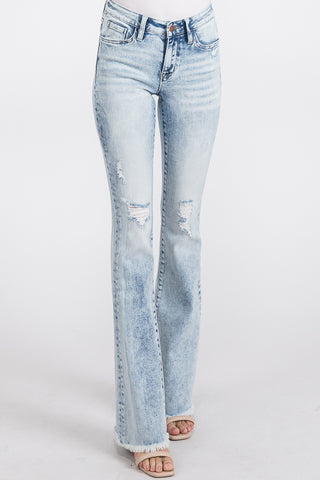 Petite Distressed Mid Rise Stretch Flare with Frayed Hem image 3