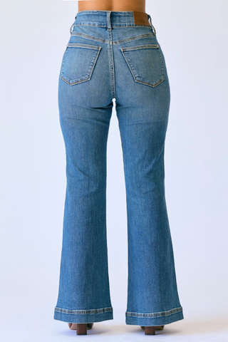Judy Blue High Rise Medium Wash Tummy Control Flare Jeans with Double Button Waistband