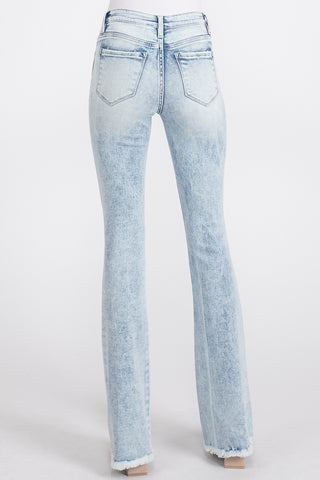 Petite Distressed Mid Rise Stretch Flare with Frayed Hem image 1