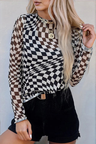 Checkered Mesh Long Sleeve Tops image 1