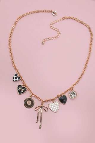 Bow Checkered Heart Rhinestone Charm Necklace