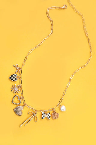 Bow Checker Heart Floral Charm Necklace