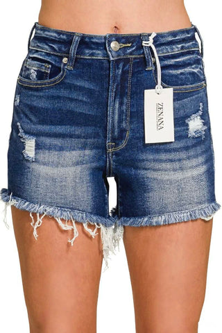 Zenana Distressed Frayed Hem Denim Shorts