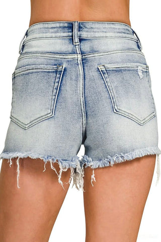 Zenana Distressed Frayed Hem Denim Shorts