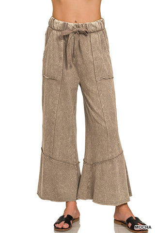 Cropped Mineral Wash Wide Leg Flared Lounge Pants