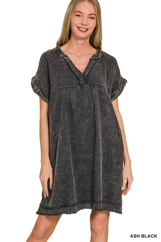 Washed Double Gauze Raw Edge V-Neck Dress