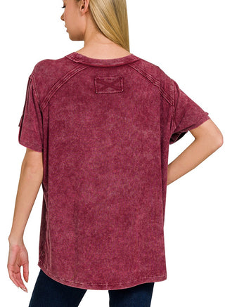 Washed Ribbed Short Sleeve Boat-Neck Top