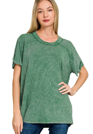 Washed Ribbed Short Sleeve Boat-Neck Top