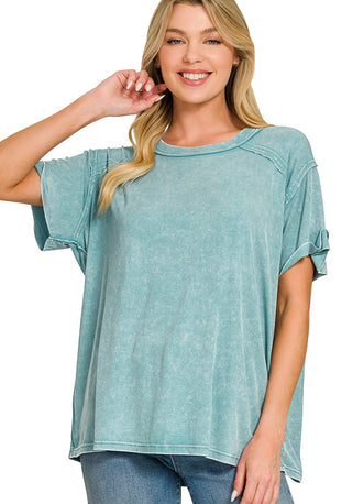 Washed Ribbed Short Sleeve Boat-Neck Top