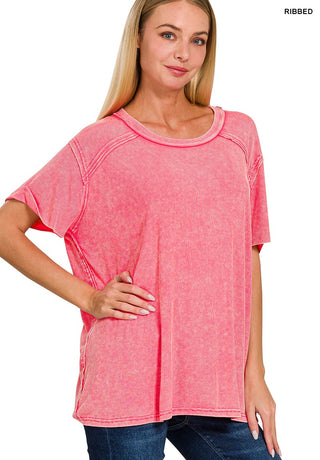 Washed Ribbed Short Sleeve Boat-Neck Top