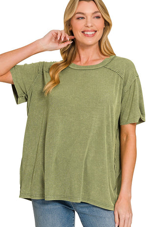 Washed Ribbed Short Sleeve Boat-Neck Top