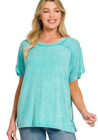 Washed Ribbed Short Sleeve Boat-Neck Top