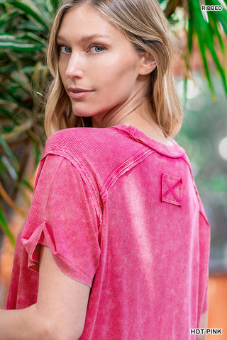 Washed Ribbed Short Sleeve Boat-Neck Top
