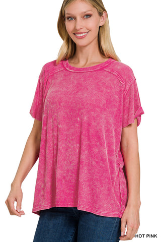 Washed Ribbed Short Sleeve Boat-Neck Top