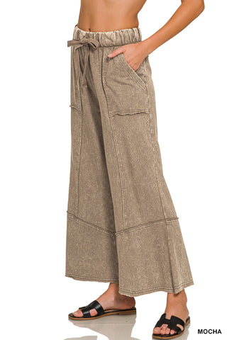 Cropped Mineral Wash Wide Leg Flared Lounge Pants