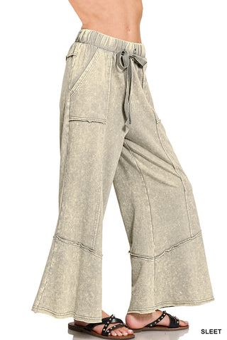 Cropped Mineral Wash Wide Leg Flared Lounge Pants