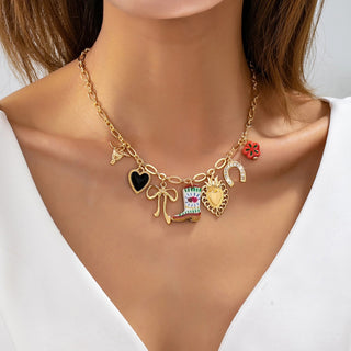 Western Boot Horseshoe Heart Multi Charm Necklace
