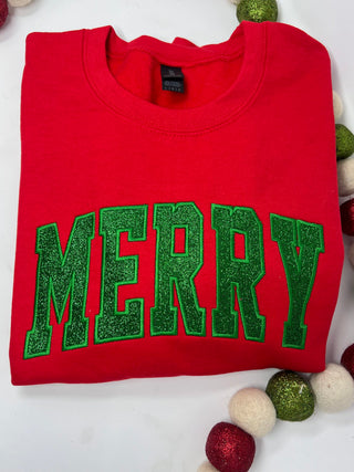Merry Embroidered Glitter Applique Sweatshirts - Red, Medium image