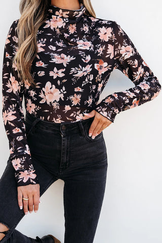 Black Floral Mesh Mock Neck Long Sleeve Top image 0
