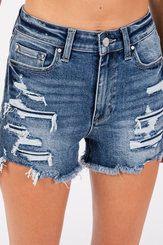 Destiny High Rise Stretch Patched Shorts w/ Frayed Hem image 0