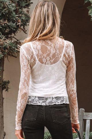 White Sheer Lace Mesh Mock Neck Long Sleeve Top image 1