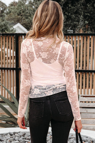 Pink Sheer Floral Lace Mesh Long Sleeve Top image 1