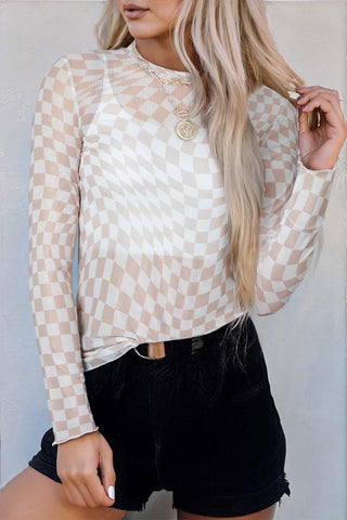 Checkered Mesh Long Sleeve Tops image 0