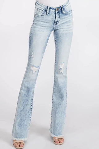 Distressed Mid Rise Stretch Flare with Frayed Hem image 0