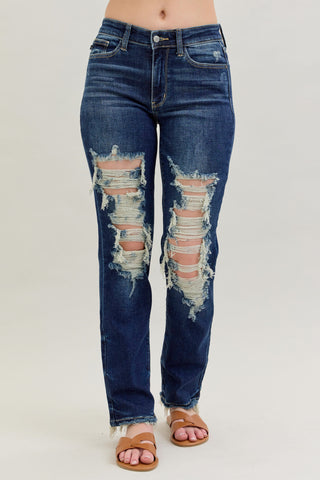 Judy Blue Mid Rise Heavy Destroyed Straight Jeans image 0