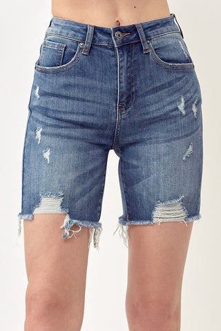 Risen High Rise Distressed Mid Thigh Shorts - Small image