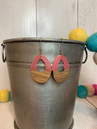 Resin and Wood Teardrop Earrings - Pink image