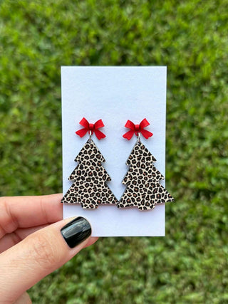 Leopard Christmas Tree Earrings - Red Bow image