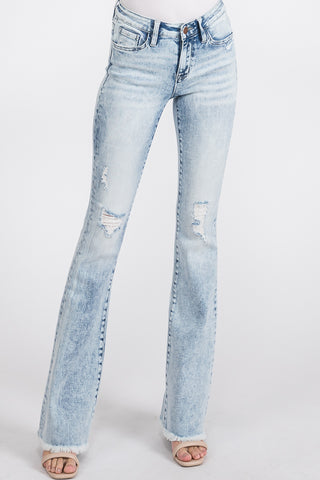 Petite Distressed Mid Rise Stretch Flare with Frayed Hem - 5/26 image