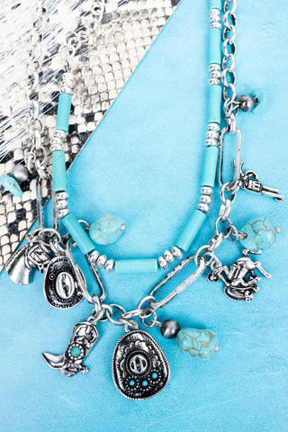 Turquoise Ridge Rider Silvertone Double Necklace Set