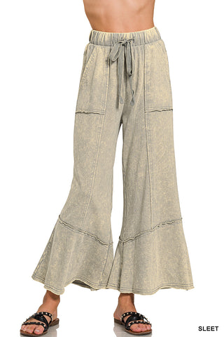 Cropped Mineral Wash Wide Leg Flared Lounge Pants